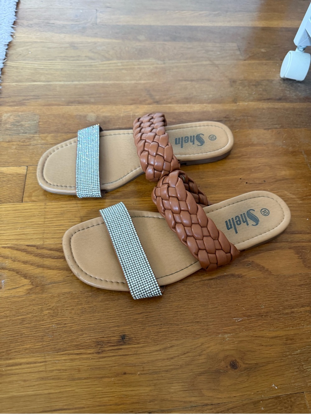 SHEIN Tan Braided Slide Sandals with Silver Strap